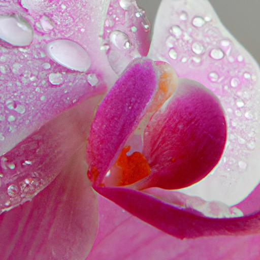 Một bức chân dung gần của một bông lan hồ điệp hồng với giọt sương trên cánh hoa