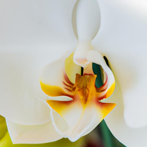 Một bức ảnh chụp cận cảnh của cây hồ điệp phong lan với những cánh hoa trắng và trung tâm màu vàng.